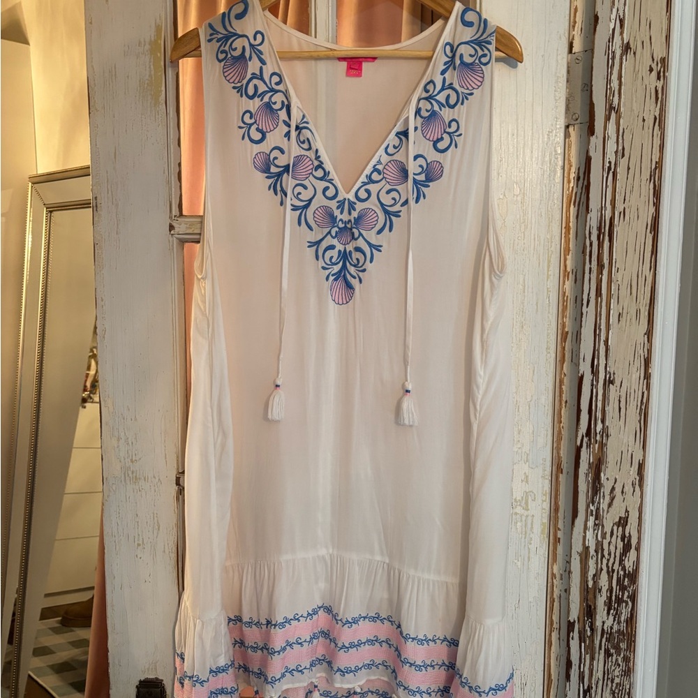 Sleeveless White Lilly Pulitzer Coverup Dress with Blue and Pink Embroidery